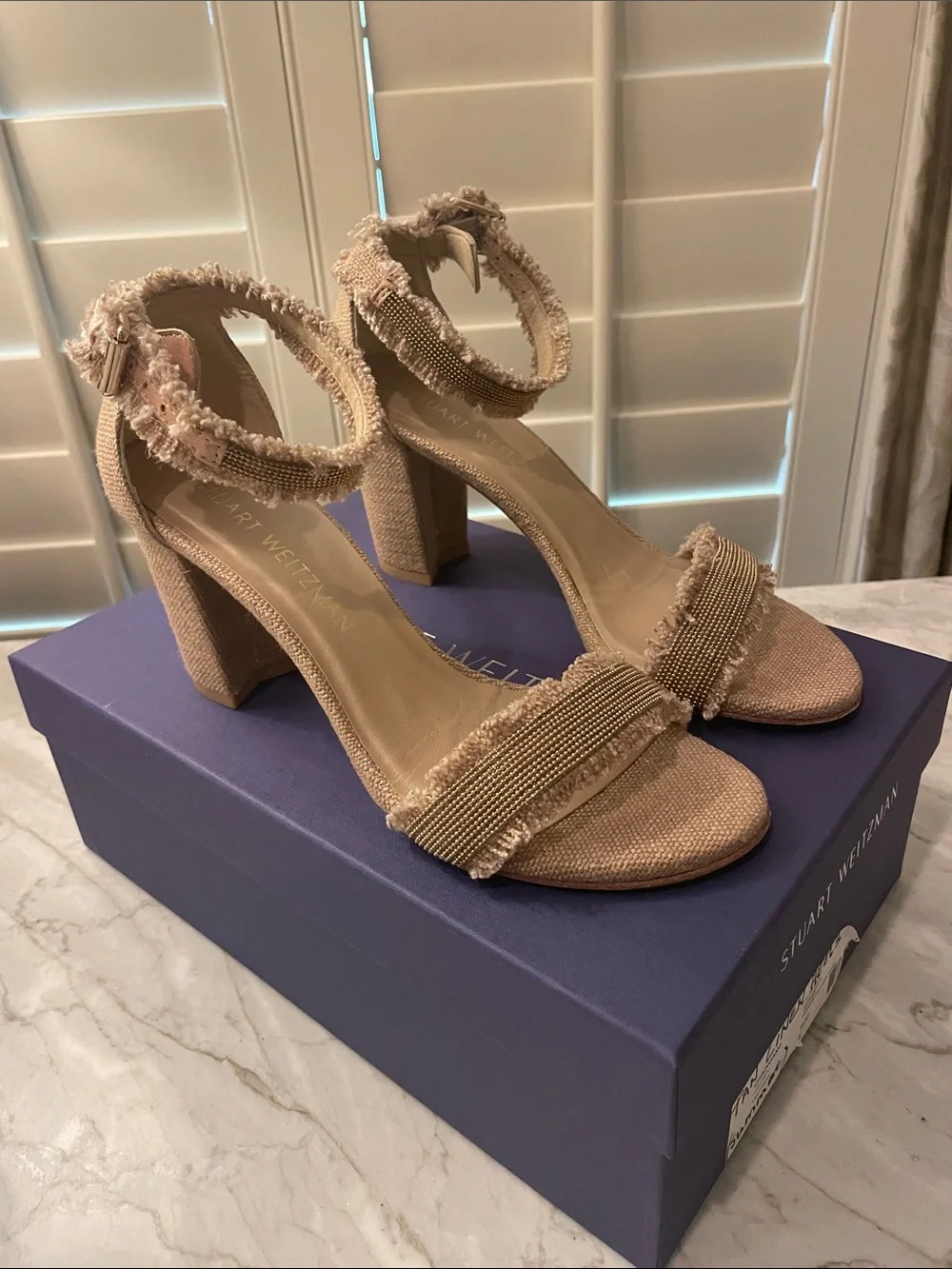 Stuart Weitzman Nude-Beige Frayed Ankle Strap Block Heels